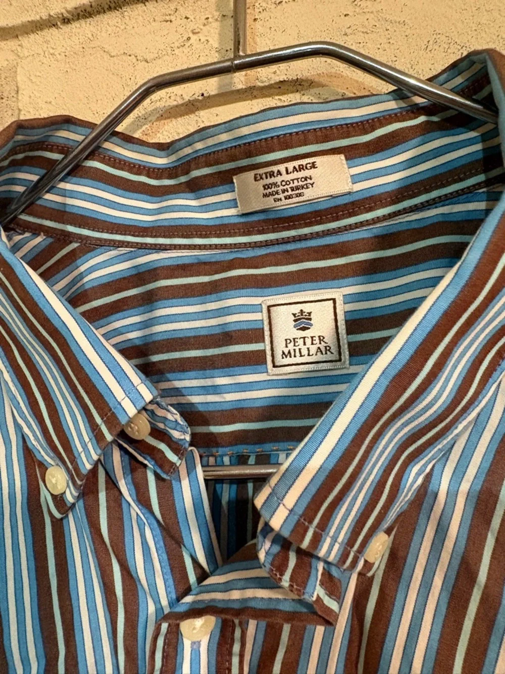 Peter Millar XL Men's Blue and Brown Striped Button-Down Shirt no flaws - Picture 3 of 6